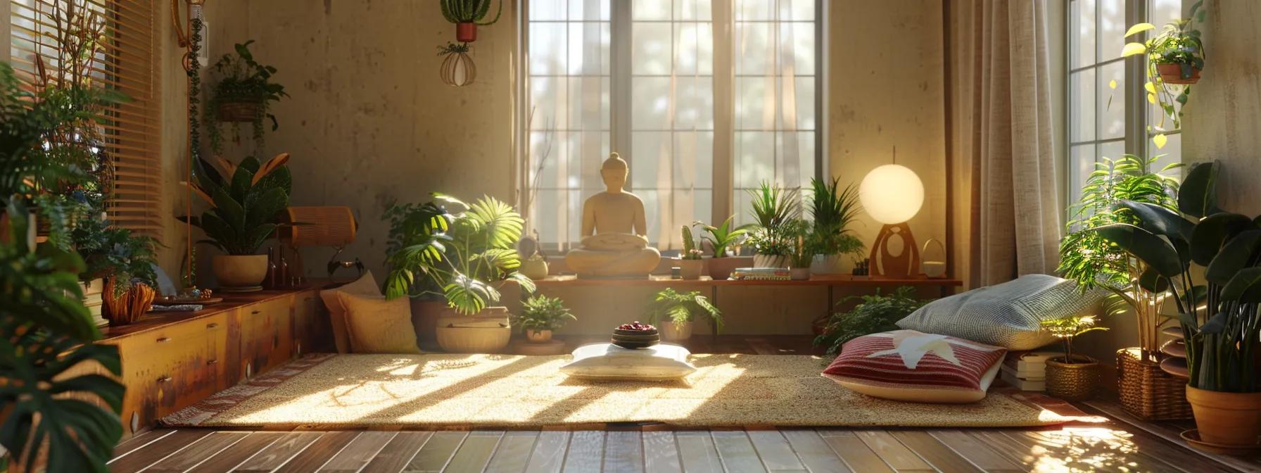 a tranquil, sunlit room with a cozy meditation corner adorned with plants and calming decor, a serene sanctuary for cultivating mindfulness and creativity.