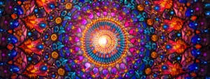 a vivid, colorful mandala representing the seven chakra symbols, radiating energy and mystique.