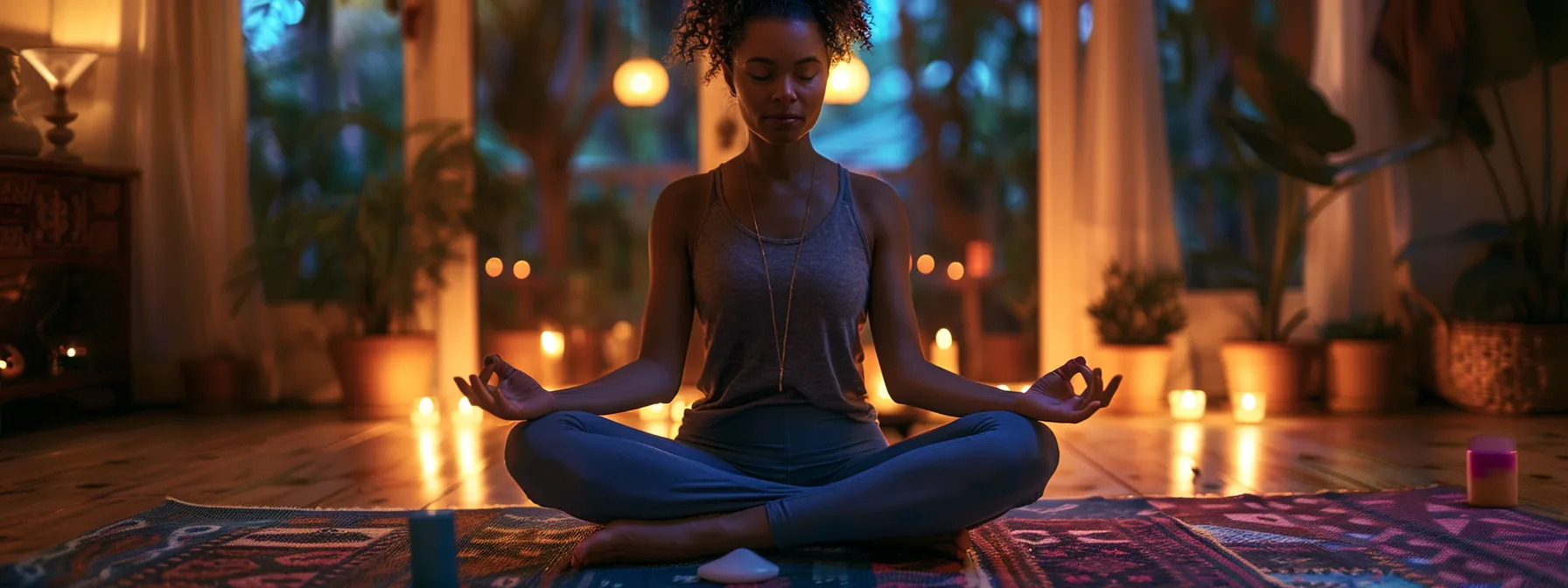 an individual sitting cross-legged on a vibrant yoga mat, eyes closed in deep meditation, surrounded by flickering candles and incense, hands resting gently on their knees as they focus on activating their kundalini energy.