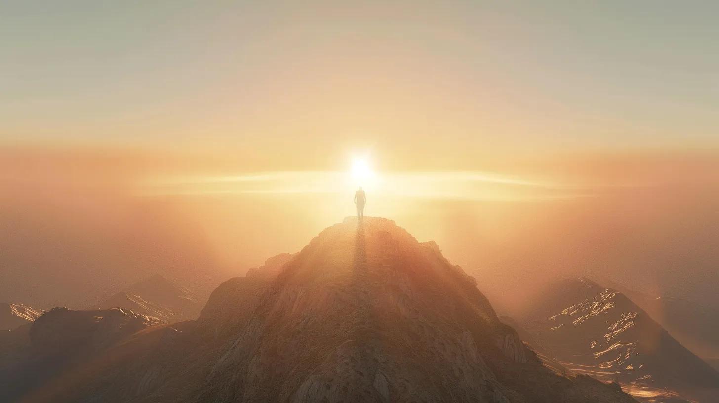 a radiant sunrise illuminates a confident individual standing atop a mountain peak, embodying empowerment and transformation while gazing towards a vast horizon, symbolizing the journey of overcoming challenges through nlp techniques.