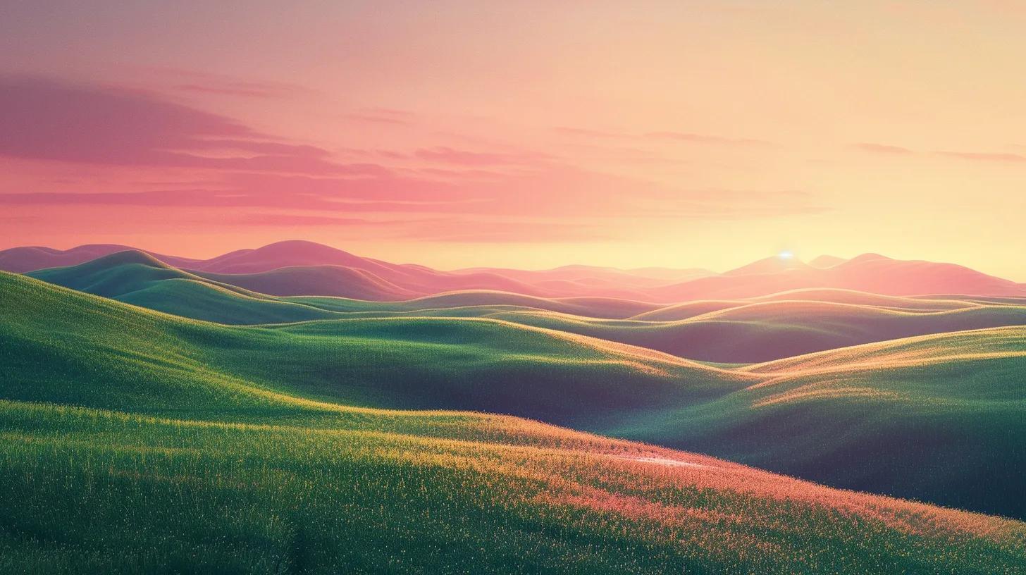 a serene and inspiring landscape at sunrise, with rolling hills and a clear sky, symbolizing personal growth and transformation through vibrant colors and soft light.