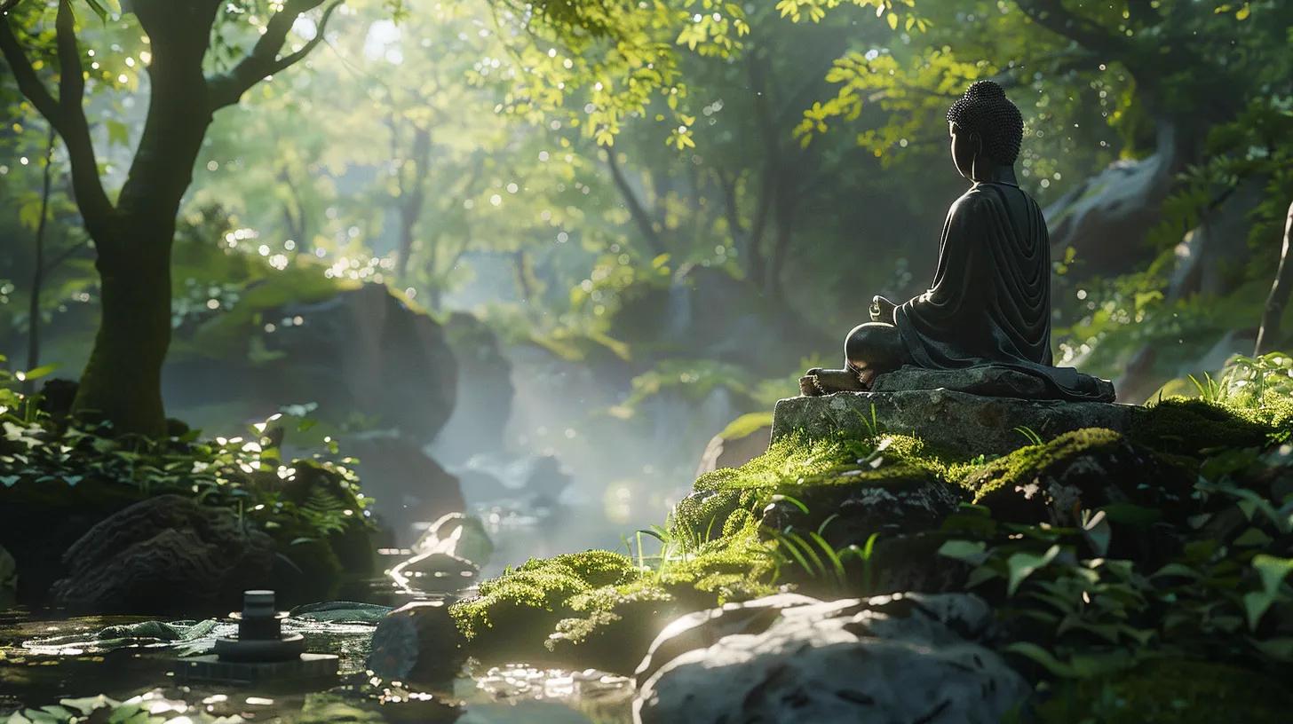 a serene landscape features a tranquil figure seated in meditation amidst a sunlit forest, symbolizing the profound connection between mindfulness and positive thinking.