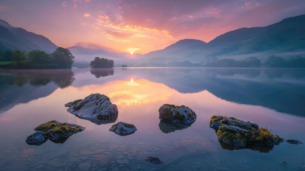 a serene landscape featuring a tranquil sunrise over a calm lake, with soft mist rising and vibrant hues reflecting on the water, symbolizing the awakening of positive thoughts through meditation.