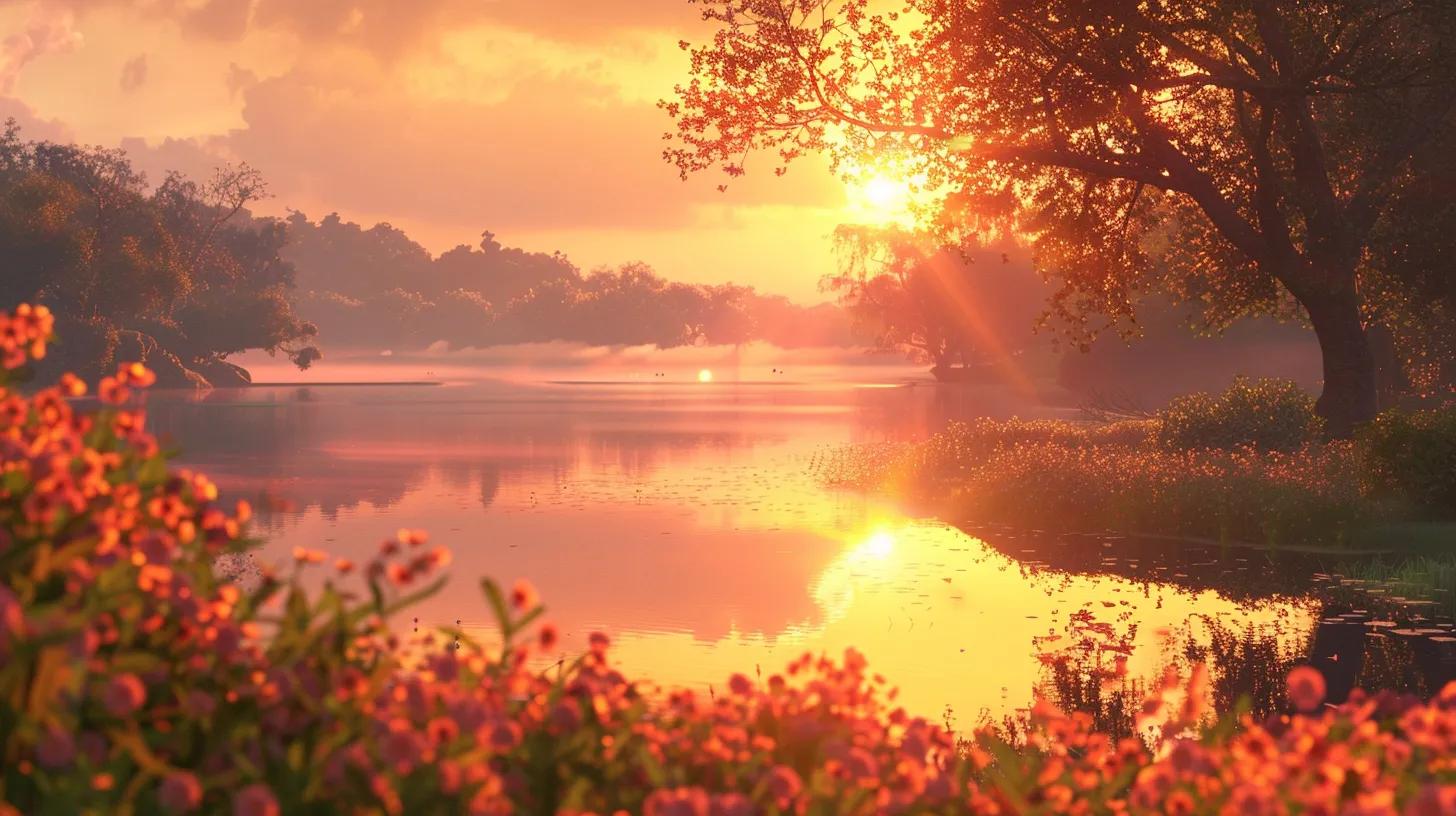 a serene landscape featuring a tranquil lake reflecting the vibrant colors of a sunset, symbolizing a path to personal aspirations and enhanced awareness through mental visualization techniques.