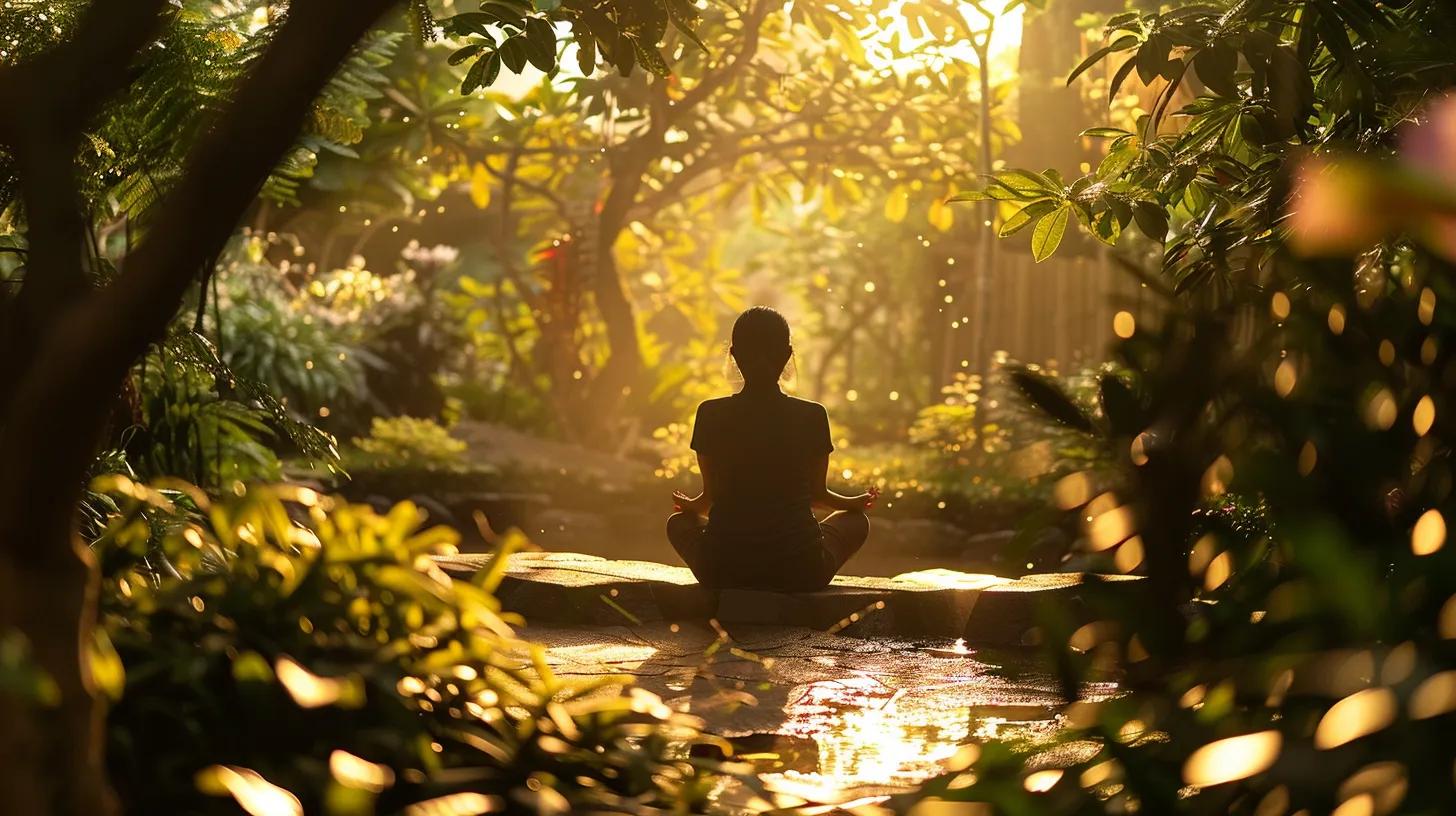 a serene outdoor setting bathed in soft golden light, showcasing a person in quiet reflection among lush greenery, embodying the essence of mindfulness and present moment awareness.