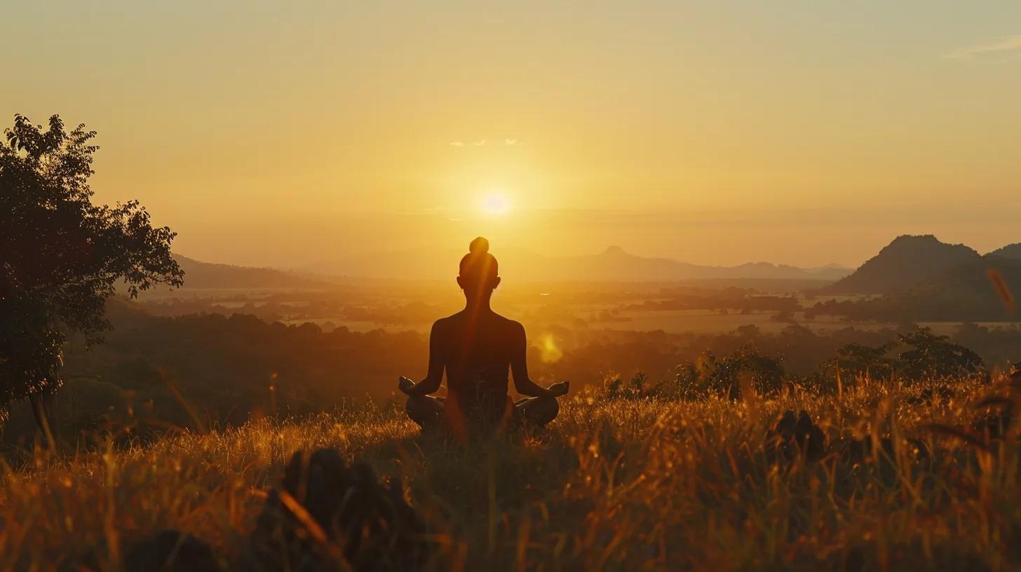 a serene silhouette of a focused individual meditating in a tranquil landscape, surrounded by ethereal imagery of their goals and aspirations, radiating an aura of confidence and clarity under soft, golden sunrise light.