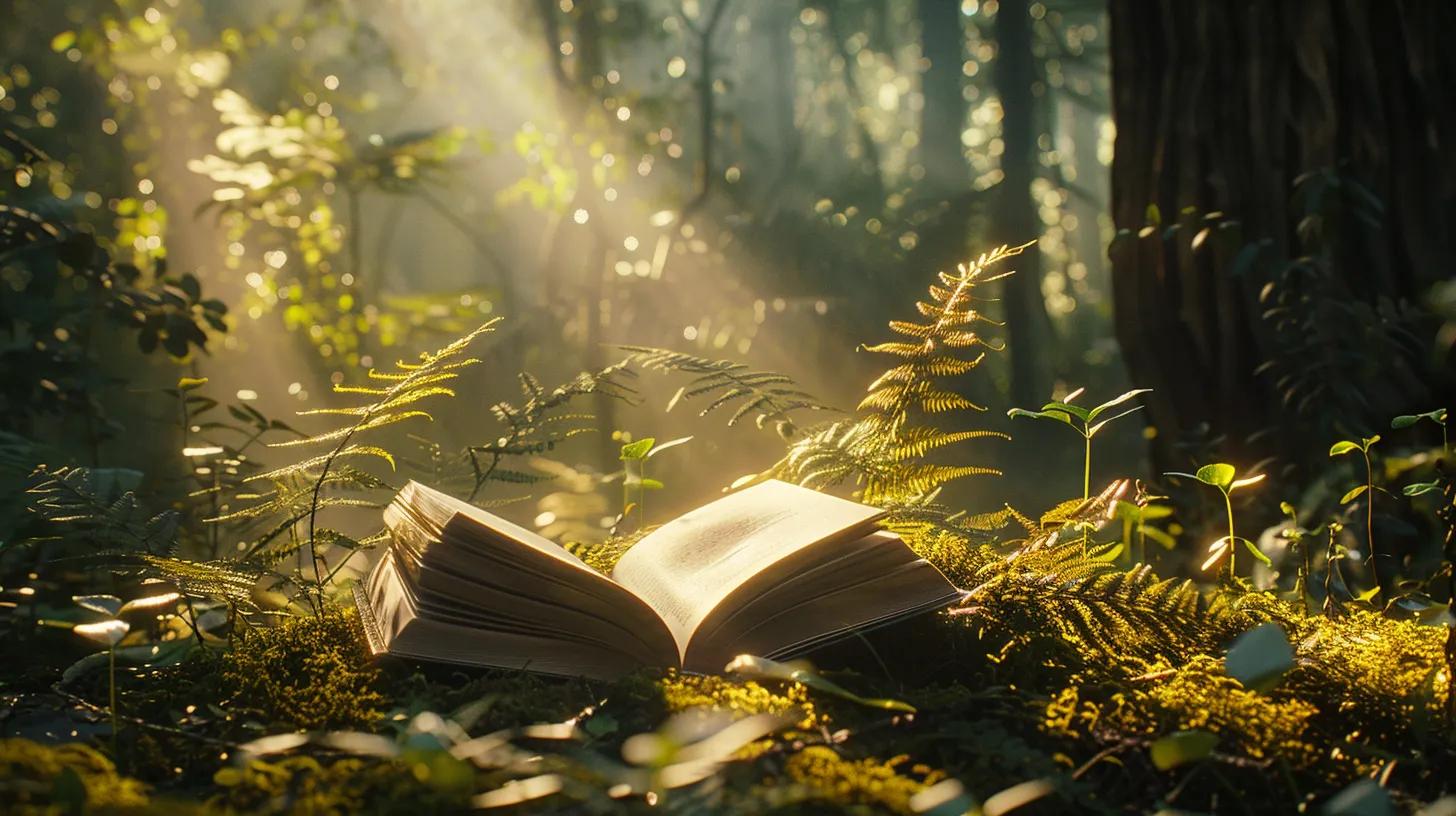 a serene, sunlit environment featuring an open book surrounded by calming nature elements, symbolizing the journey of mindfulness and subconscious development.