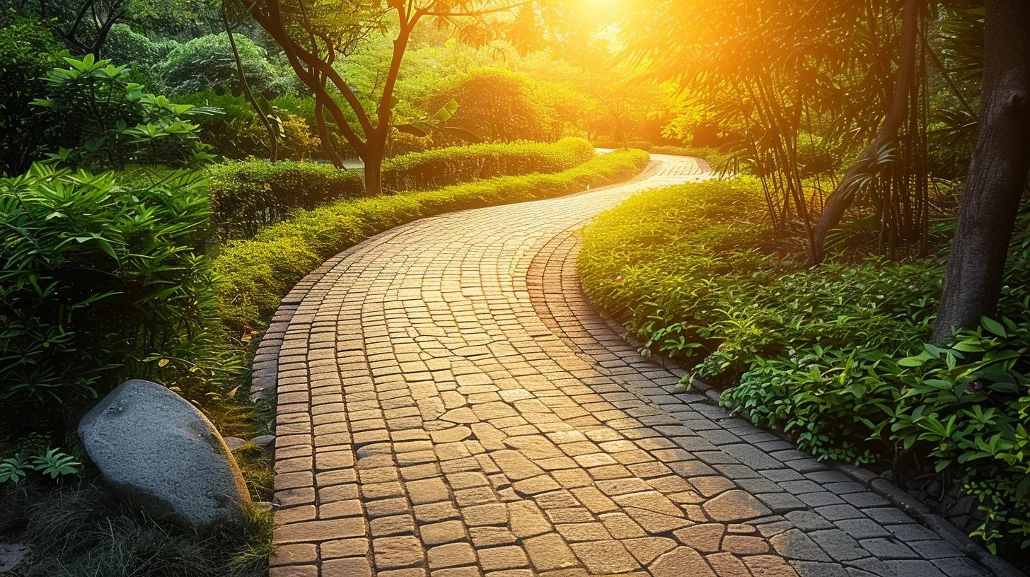 a serene sunrise casts golden light over a winding pathway through lush greenery, symbolizing the journey of personal transformation and the pursuit of lasting change.