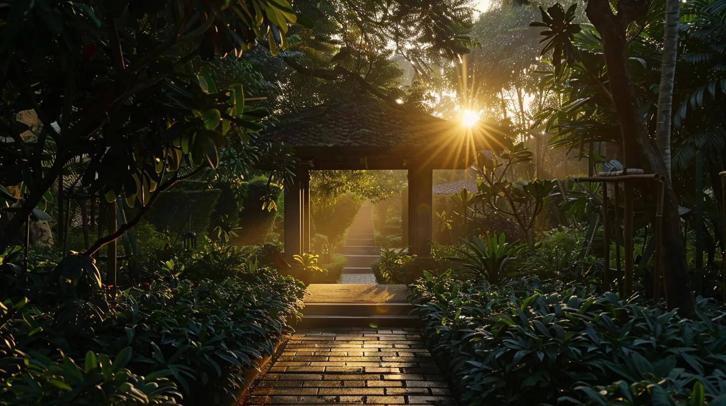 a serene sunrise illuminates a tranquil meditation space surrounded by lush greenery, symbolizing the enduring benefits of meditation on maintaining an optimistic outlook.