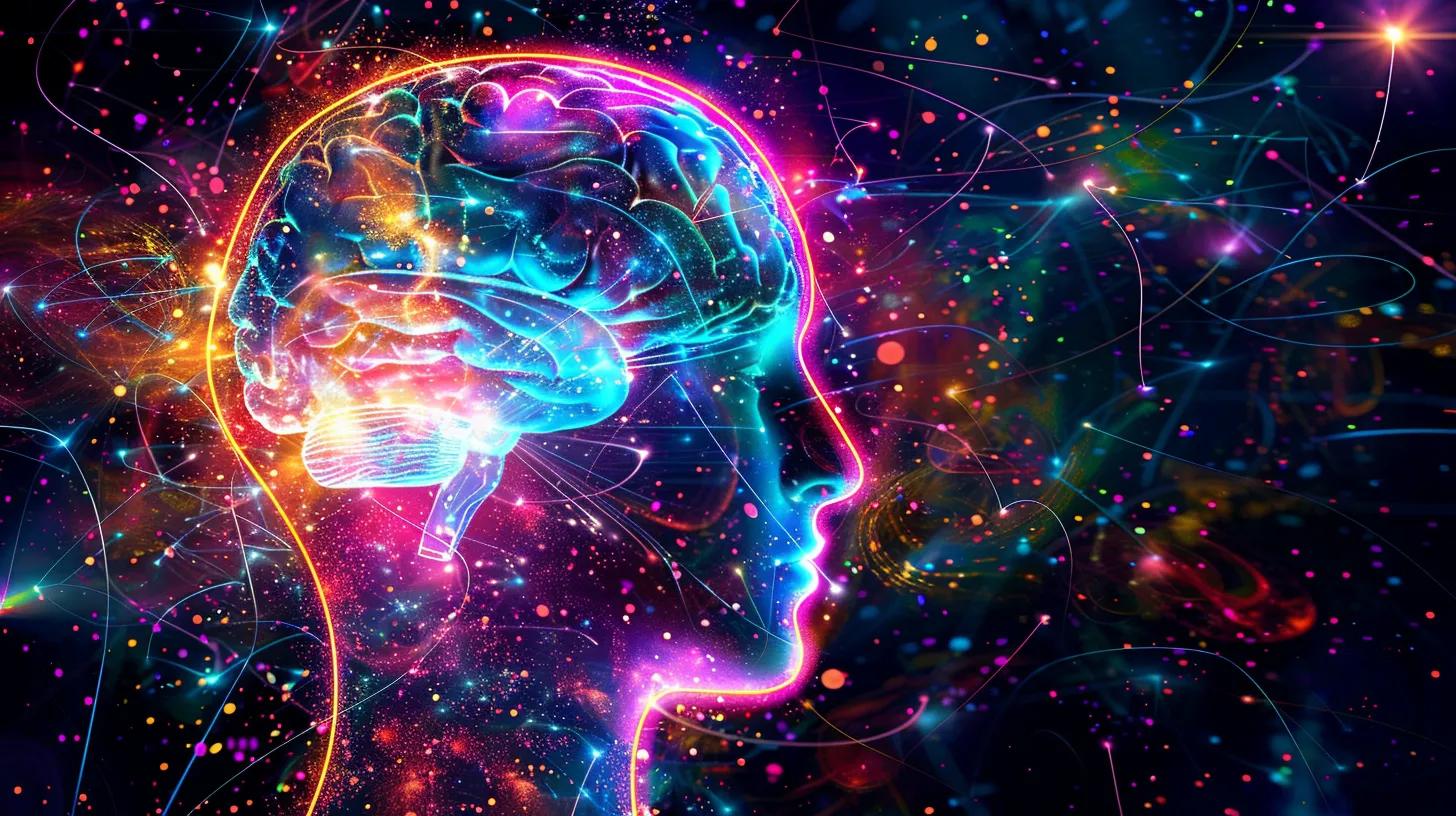 a vibrant, abstract representation of a human mind illuminated by colorful neural connections, symbolizing the transformative power of neuro-linguistic programming in personal development.