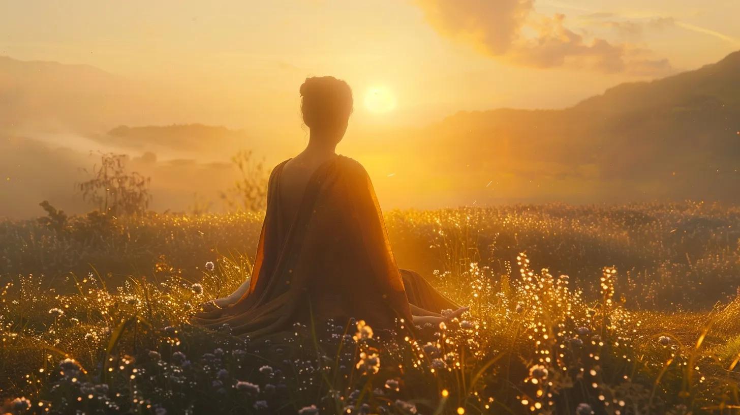 an ethereal, serene landscape at sunrise, where a tranquil figure practices mindfulness on a lush, dew-kissed meadow, embodying emotional awareness and connection, surrounded by soft, golden light that illuminates the peaceful atmosphere.