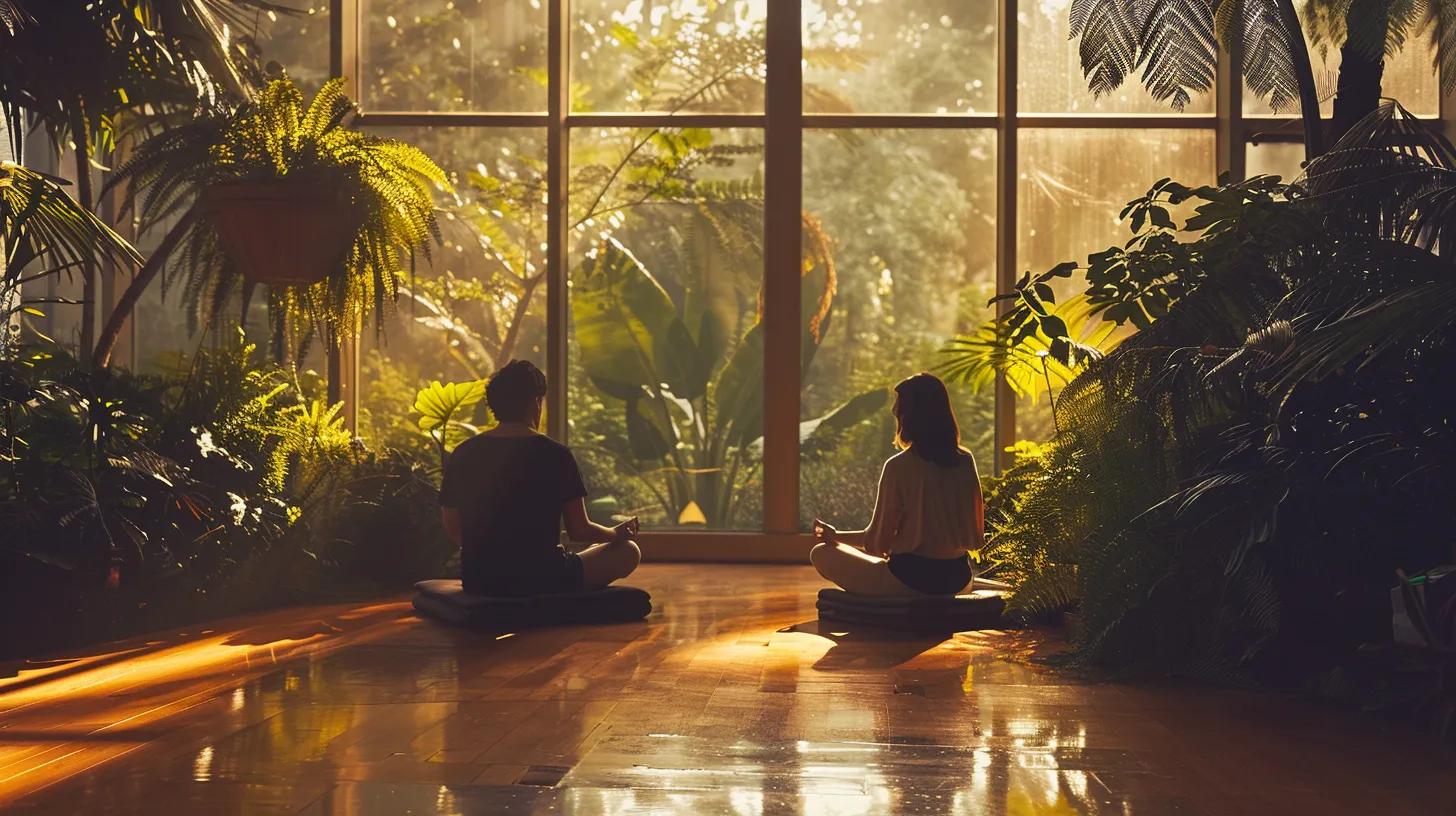 a serene meditation room bathed in soft, golden morning light, featuring individuals sitting in peaceful contemplation surrounded by lush greenery, symbolizing the transformative power of meditation on positive thinking.