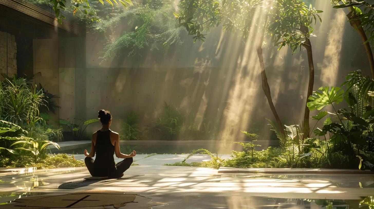 a serene meditation space bathed in soft morning light, with a person peacefully seated on a cushion, surrounded by lush greenery and gentle visualizations of success and happiness reflected in the air.