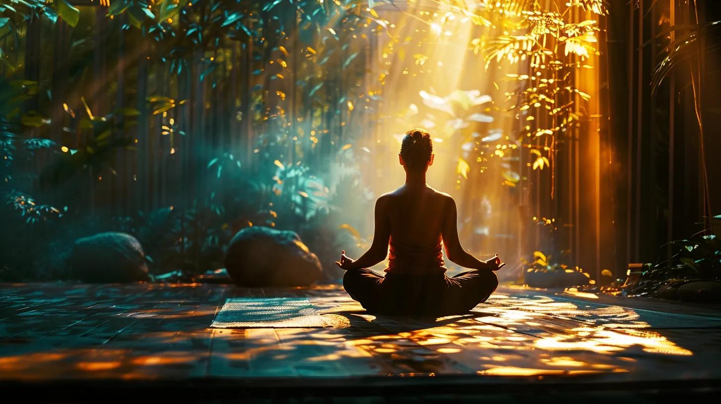 a serene meditation space bathed in soft, ethereal light, featuring a tranquil figure surrounded by vibrant visuals of deep blue and golden hues representing positive thoughts and affirmations, evoking a sense of inner transformation and mindful awareness.