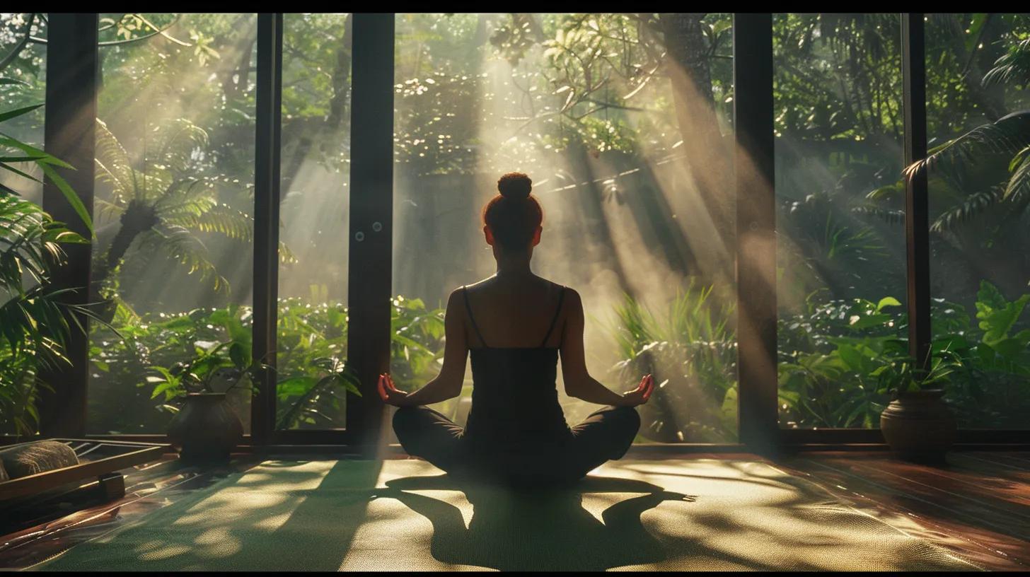 a serene meditation space bathed in soft morning light, featuring a tranquil figure sitting cross-legged on a lush green mat, surrounded by gentle, flowing nature and infused with a sense of calm and positivity.