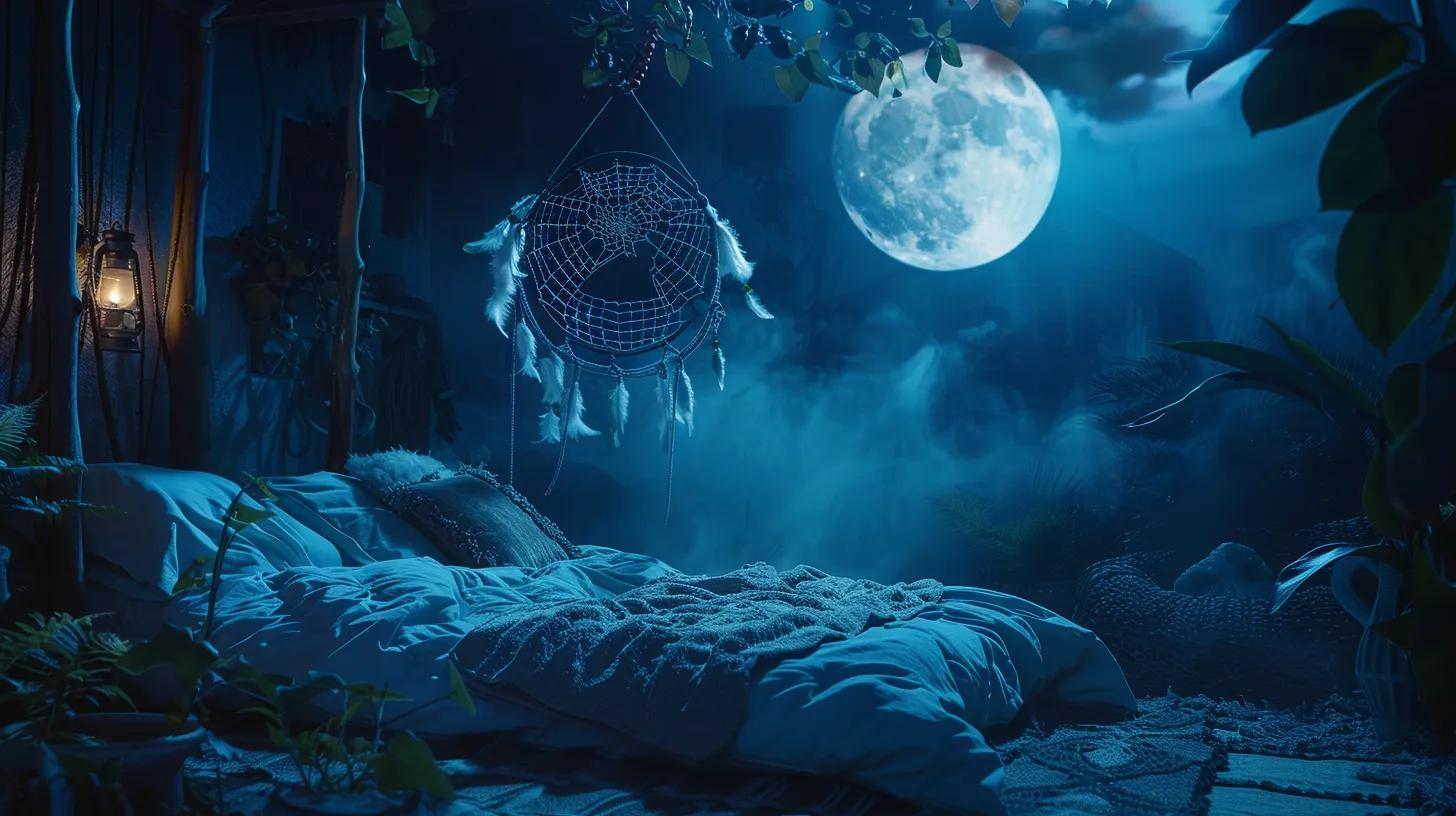 a serene night landscape features a tranquil bedroom bathed in soft moonlight, with a dreamcatcher gently swaying above a peacefully sleeping figure, symbolizing the journey of personal growth through dreams.