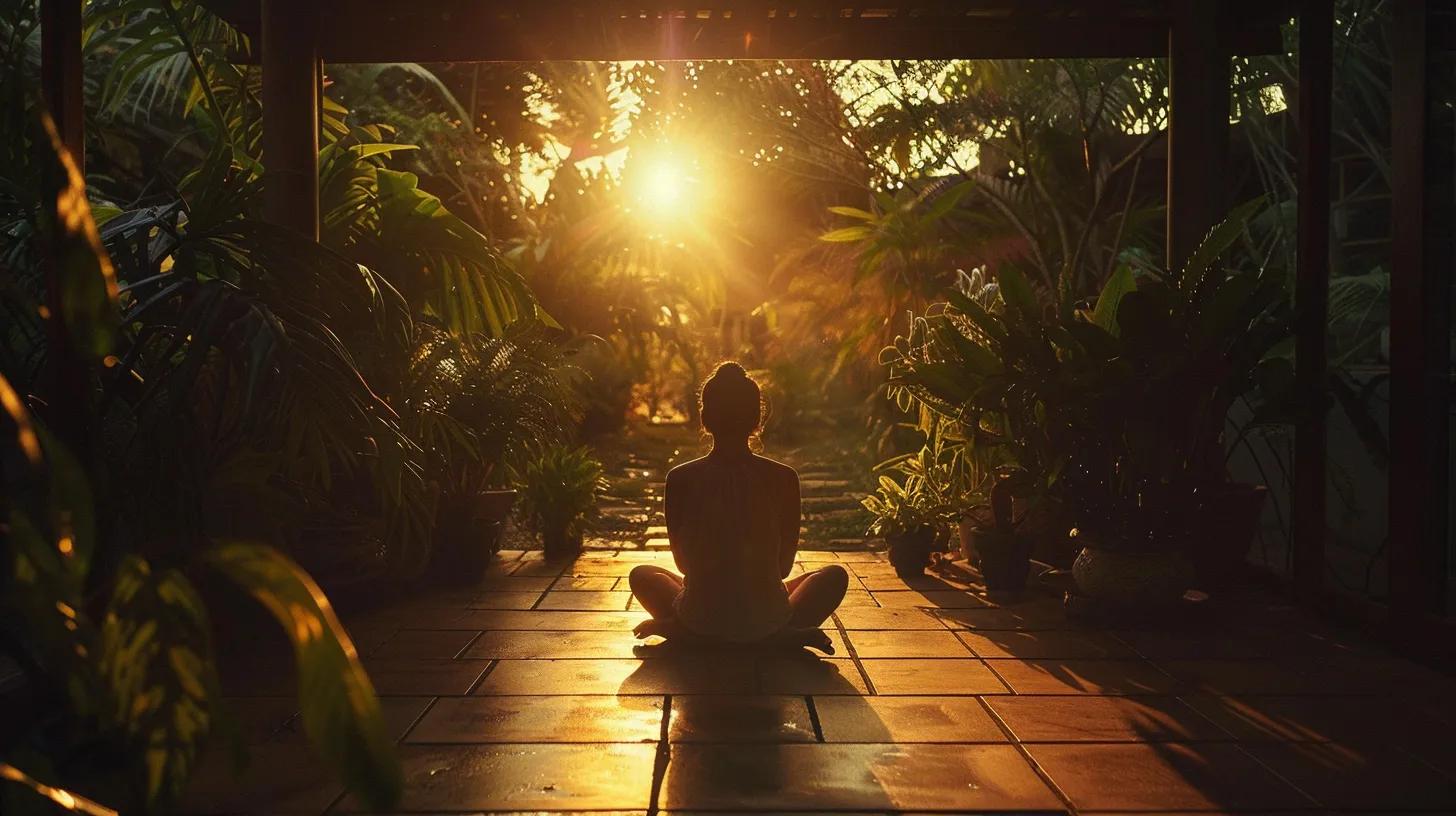 a serene sunrise casts a warm, golden glow over a tranquil meditation space, where a peaceful figure sits in deep contemplation, surrounded by lush greenery that symbolizes growth and resilience in overcoming mental challenges.