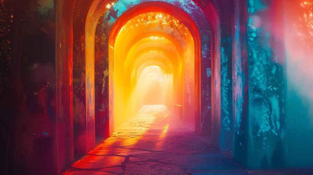 a surreal gateway adorned with ethereal light and vibrant colors symbolizes the unlocking of dreams, inviting viewers to explore the depths of their subconscious power.