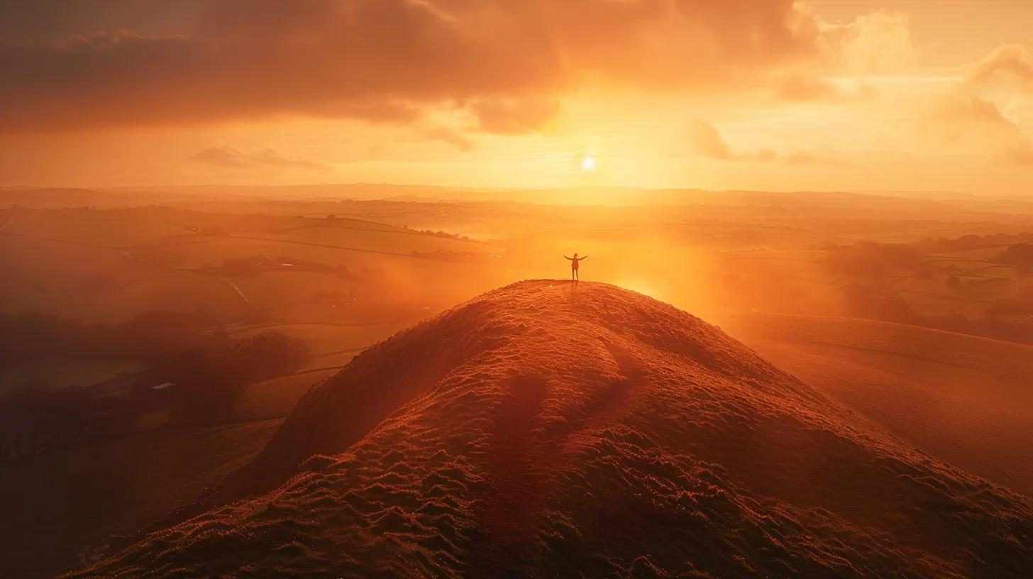 a vibrant sunrise illuminates a serene landscape where a person stands atop a hill, arms raised in triumph, symbolizing the journey of unlocking one's potential through personal development techniques.